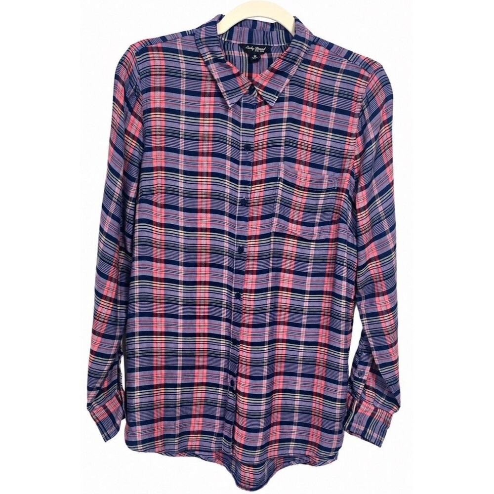 Lucky Brand Pink & Purple Plaid Flannel Button Up Long Sleeve Top Women's Size M
